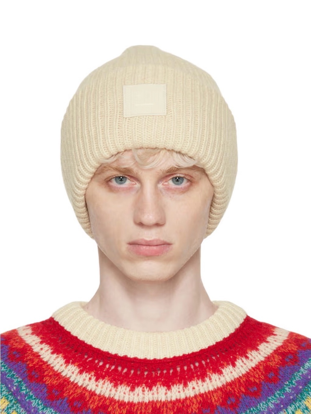 Acne Cream Ribbed Knit Beanie